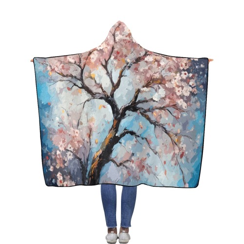 Sakura tree in full bloom. Hanami season art. Flannel Hooded Blanket 56''x80''