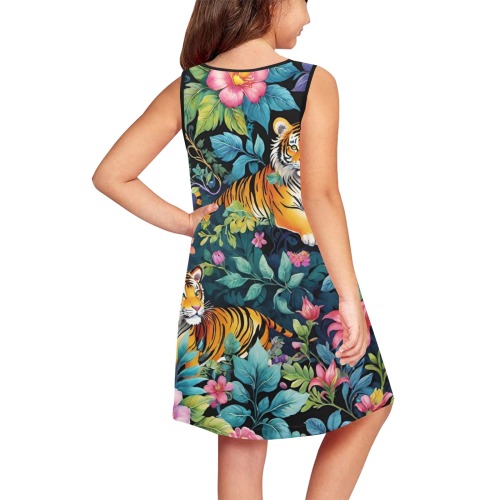 Jungle Tigers and Tropical Flowers Girls' Sleeveless Dress (Model D58)