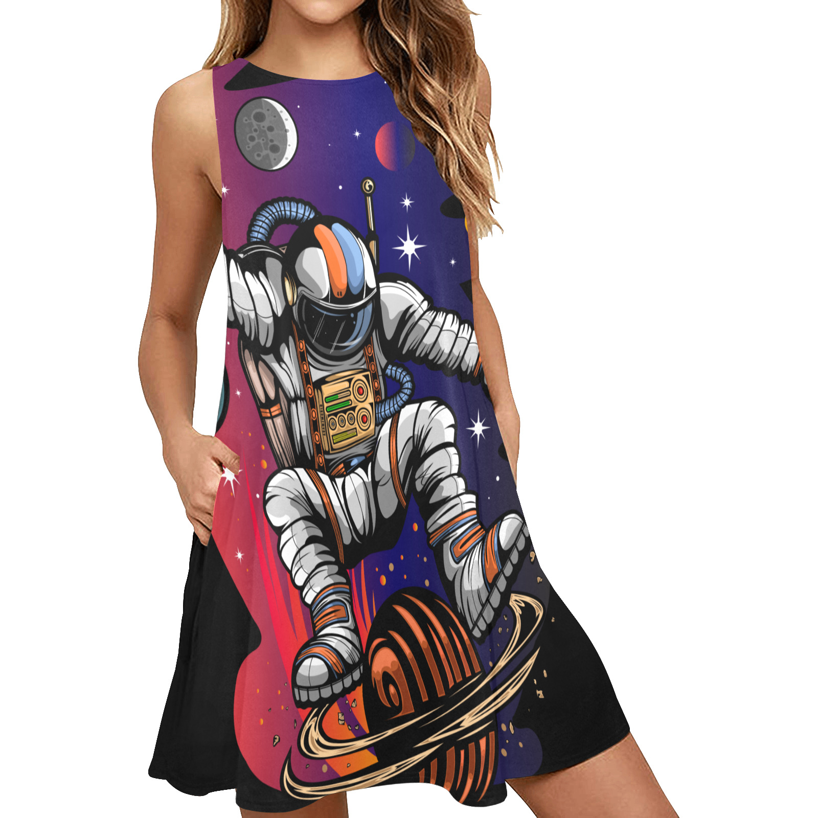 Space Ride Sleeveless A-Line Pocket Dress (Model D57)