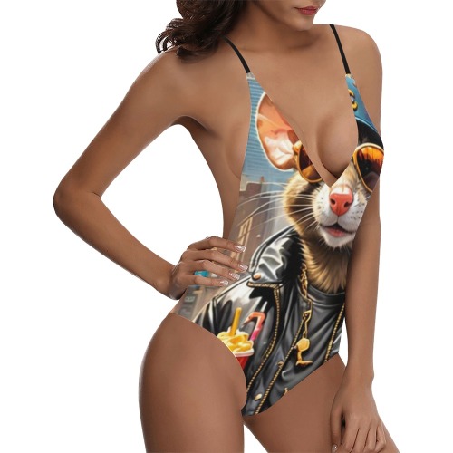 HOT DOG EATING NYC RAT 7 Sexy Lacing Backless One-Piece Swimsuit (Model S10)