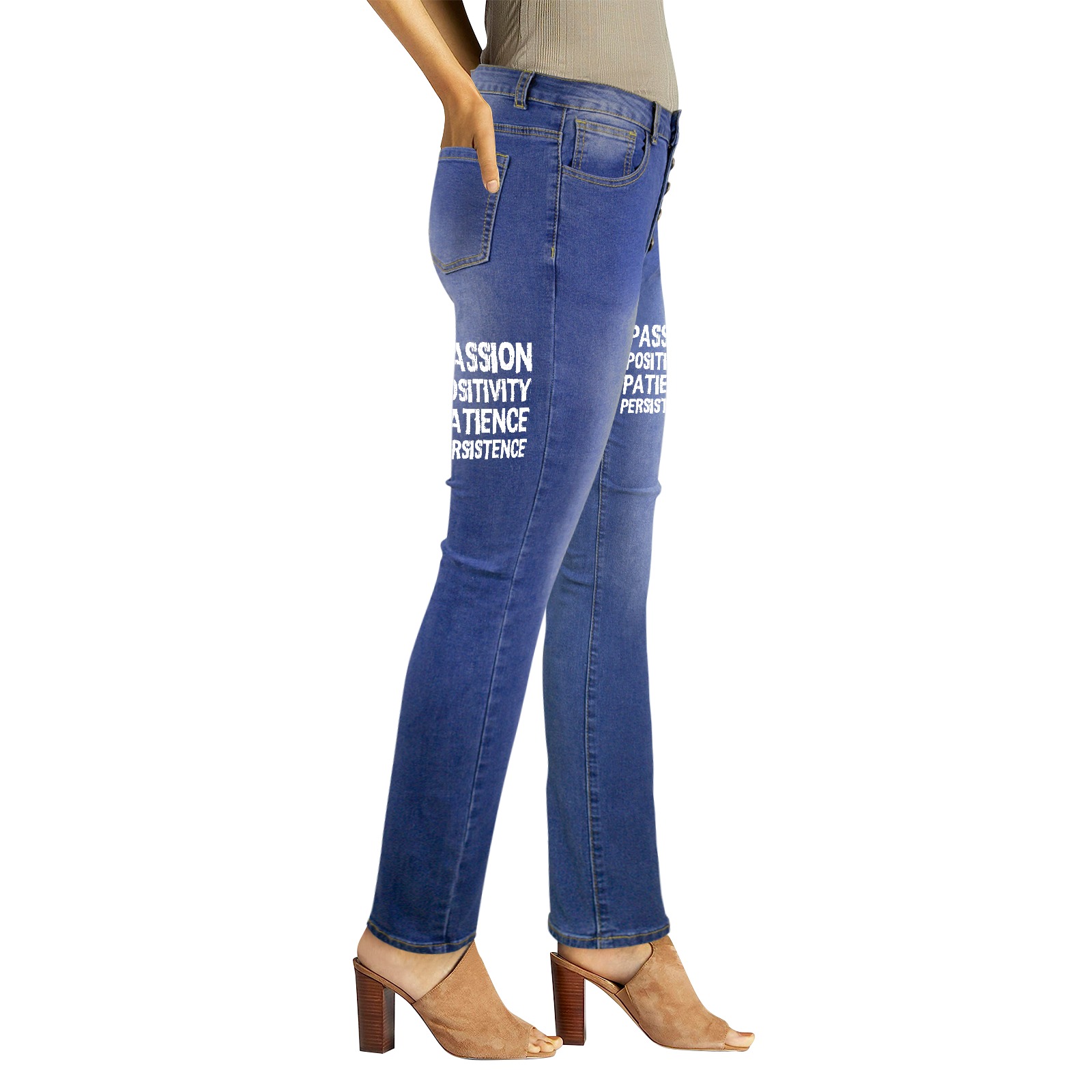 Passion, positivity, patience, persistence white Women's Jeans (Front&Back Printing)