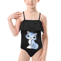 Blue Kitty Kids' Spaghetti Strap Ruffle Swimsuit (Model S26)