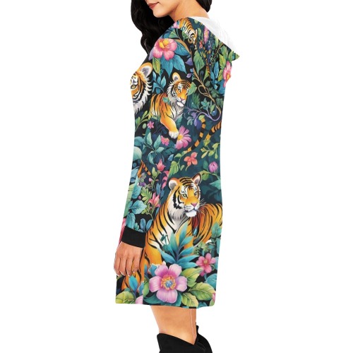 Jungle Tigers and Tropical Flowers Pattern All Over Print Hoodie Mini Dress (Model H27)