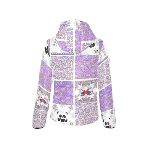 Purple Paisley Birds and Animals Patchwork Design Women's Padded Hooded Jacket (Model H46)