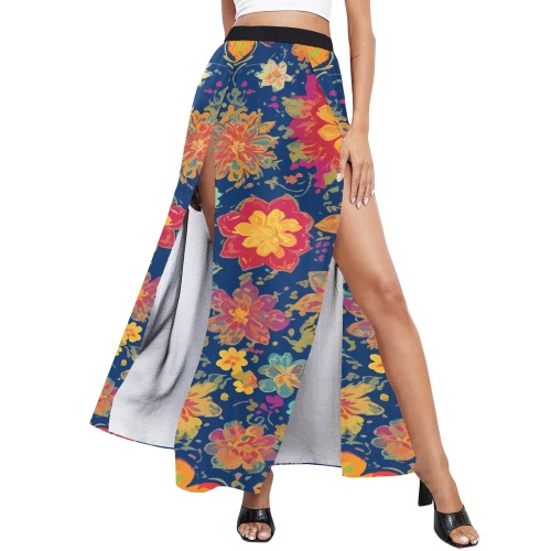 Fantasy floral pattern of colorful flowers on dark High Slit Long Beach Dress (Model S40)