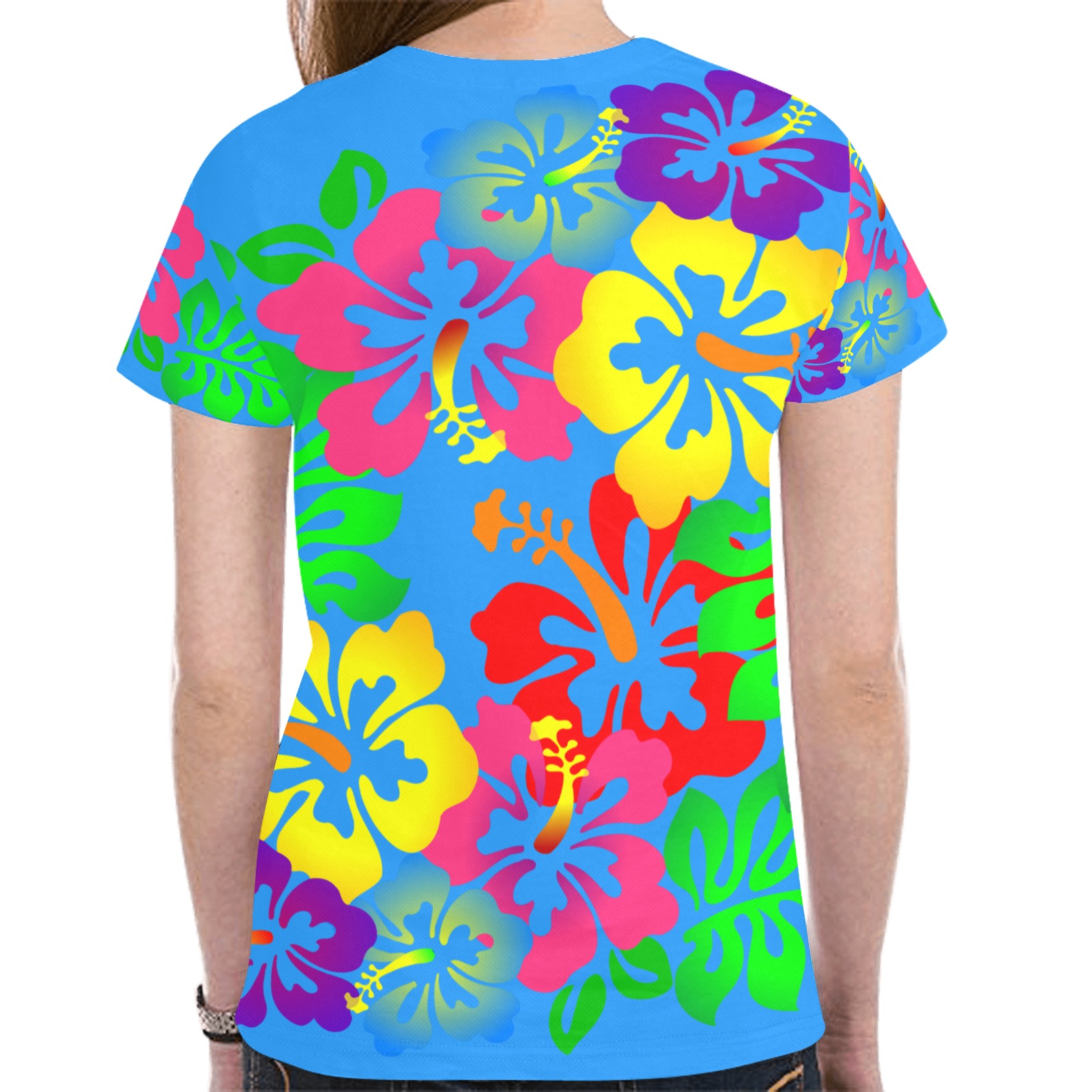 Hibiscus Hawaiian Flower on Blue New All Over Print T-shirt for Women (Model T45)