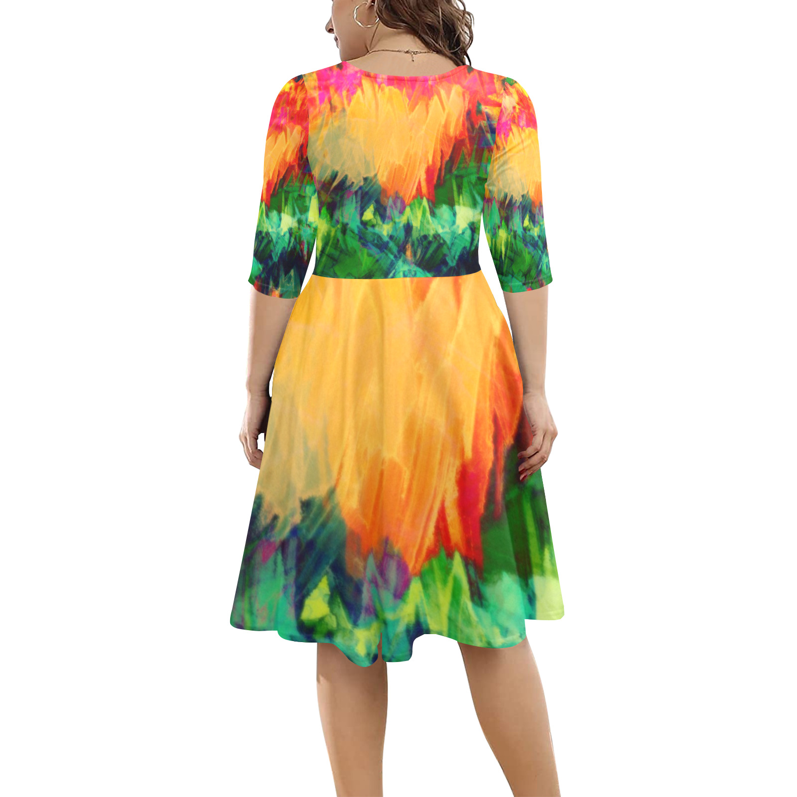 Colorful Painting Bushes Strokes Half Sleeve Skater Dress (Model D61)