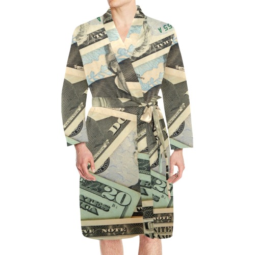 US PAPER CURRENCY Men's Long Sleeve Belted Night Robe (Model H56)