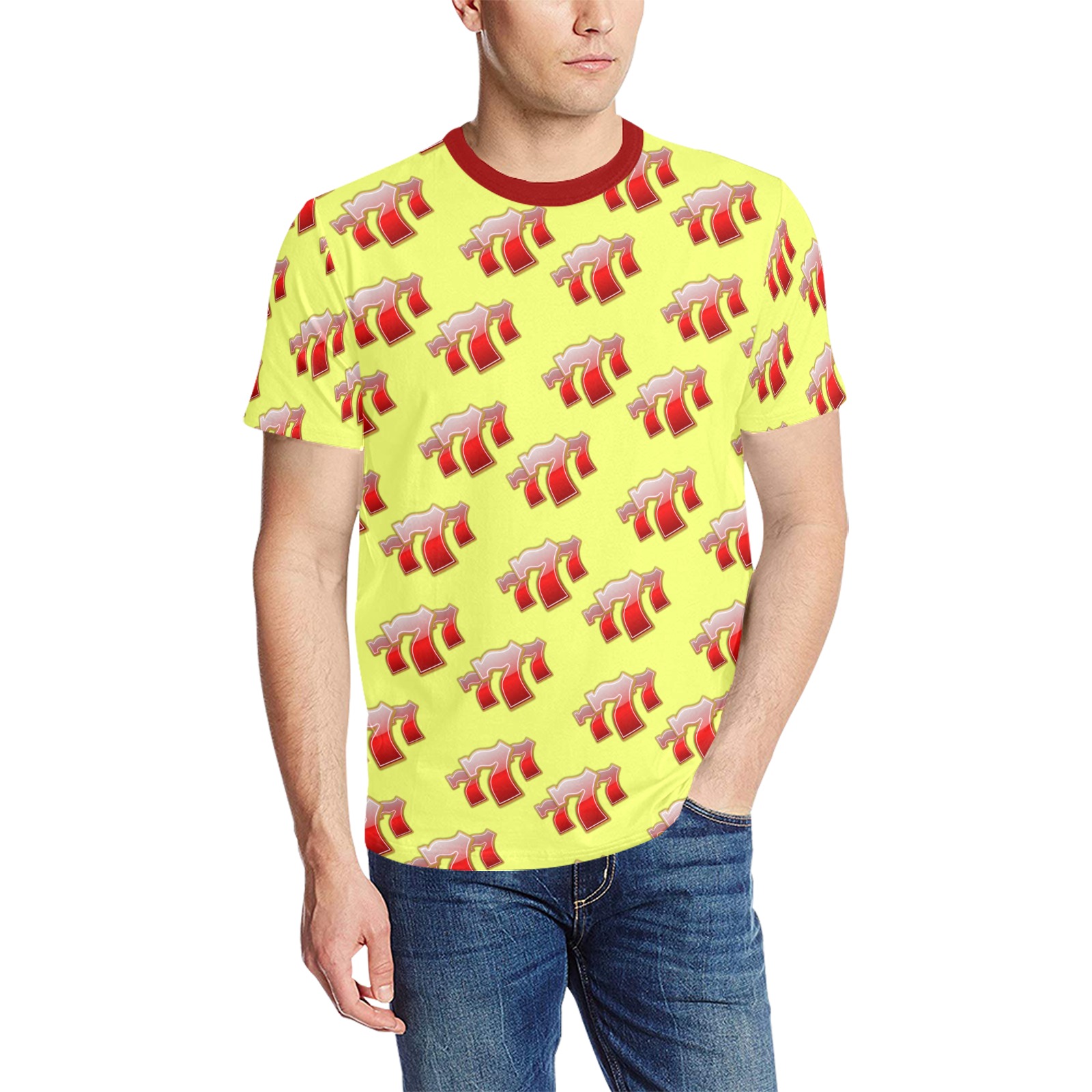 Las Vegas Lucky Sevens 777 / Yellow Men's All Over Print T-Shirt (Solid Color Neck) (Model T63)
