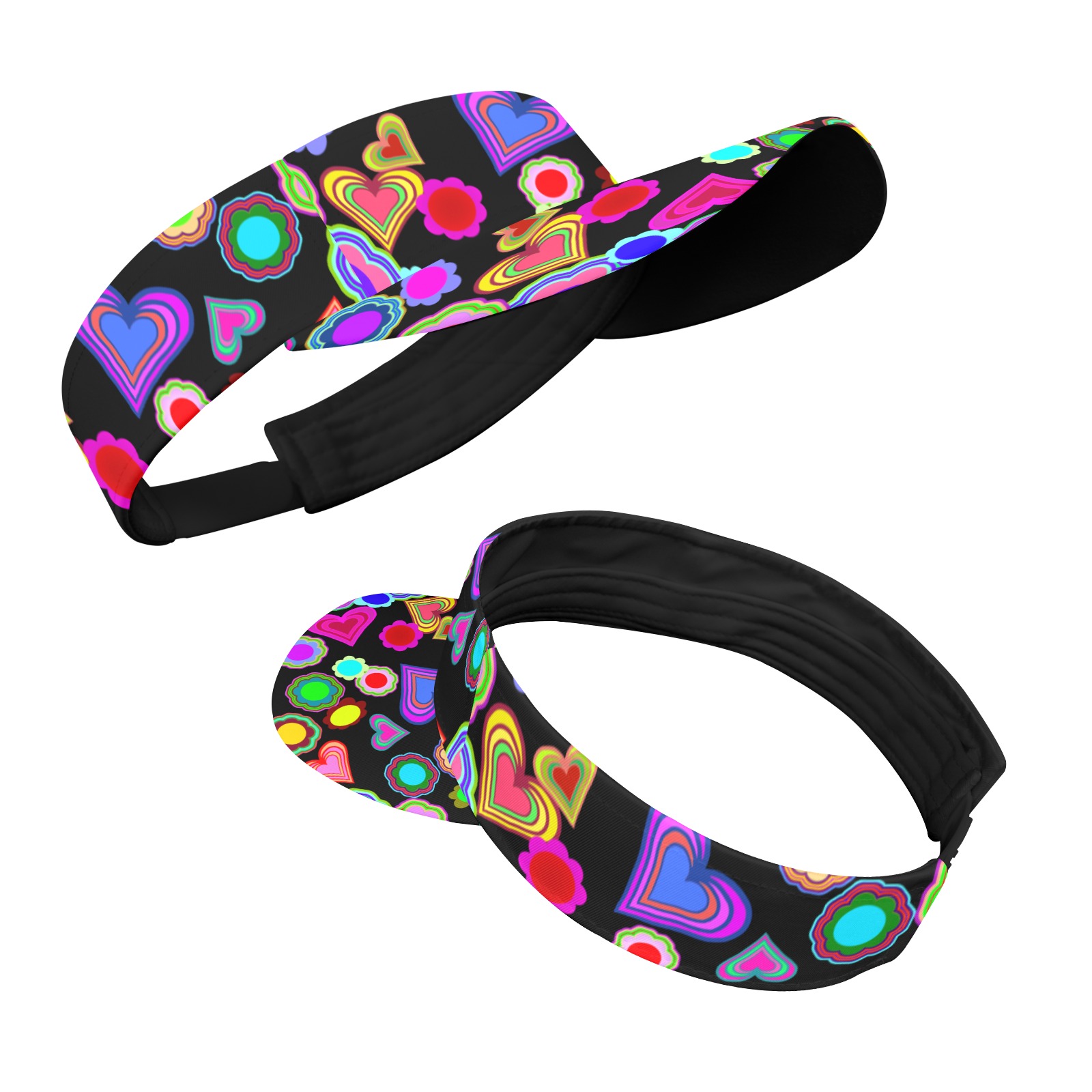 Groovy Hearts and Flowers Black All Over Print Sports Visor