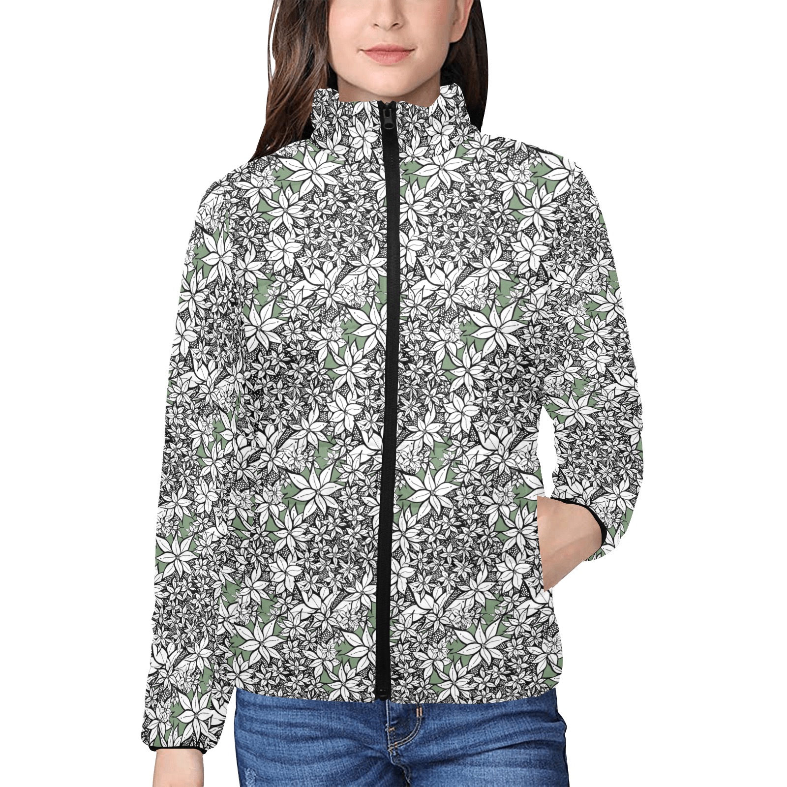 Petals in the Wind in Green Women's Stand Collar Padded Jacket (Model H41)
