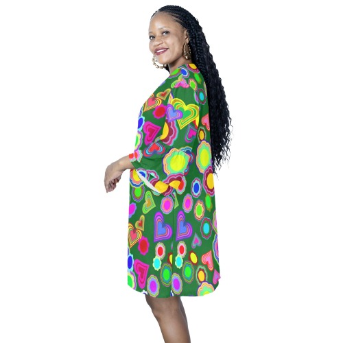 Groovy Hearts and Flowers Green Half Sleeves V-Neck Mini Dress (Model D63)