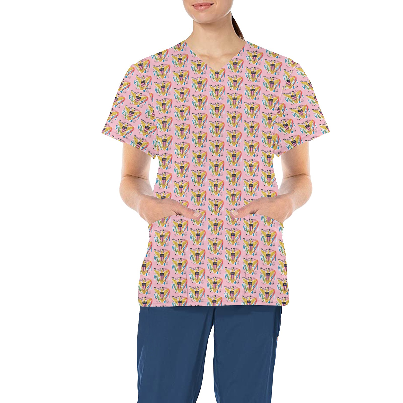 TRENDY LIONESS COUTURE VI FLAG PINK SCRUB All Over Print Scrub Top