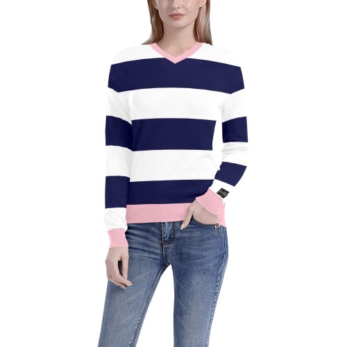 Navy Pink Women's All Over Print V-Neck Sweater (Model H48)