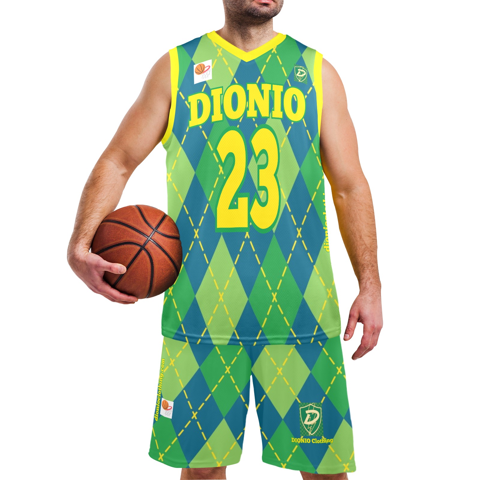DIONIO Clothing - Green & Lime Argyle V- Neck #23 Basketball Uniform Men's V-Neck Basketball Uniform