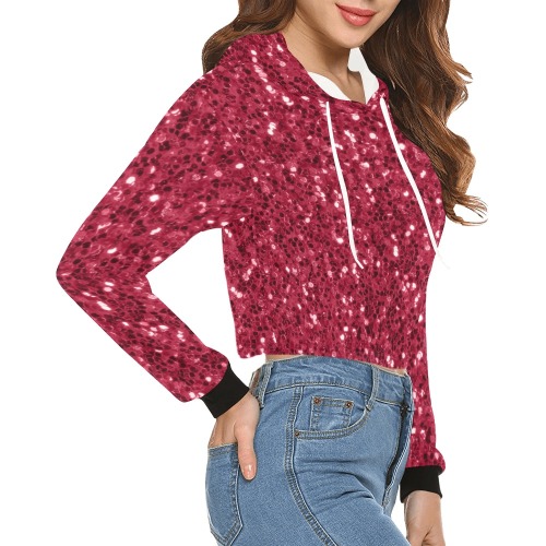 Magenta dark pink red faux sparkles glitter All Over Print Crop Hoodie for Women (Model H22)