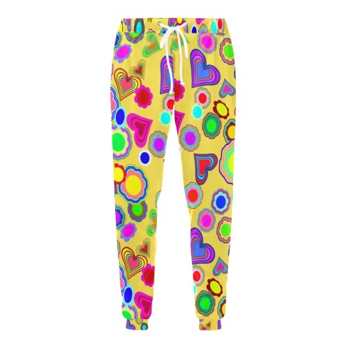 Groovy Hearts and Flowers Yellow Unisex Casual Sweatpants (Model L11)