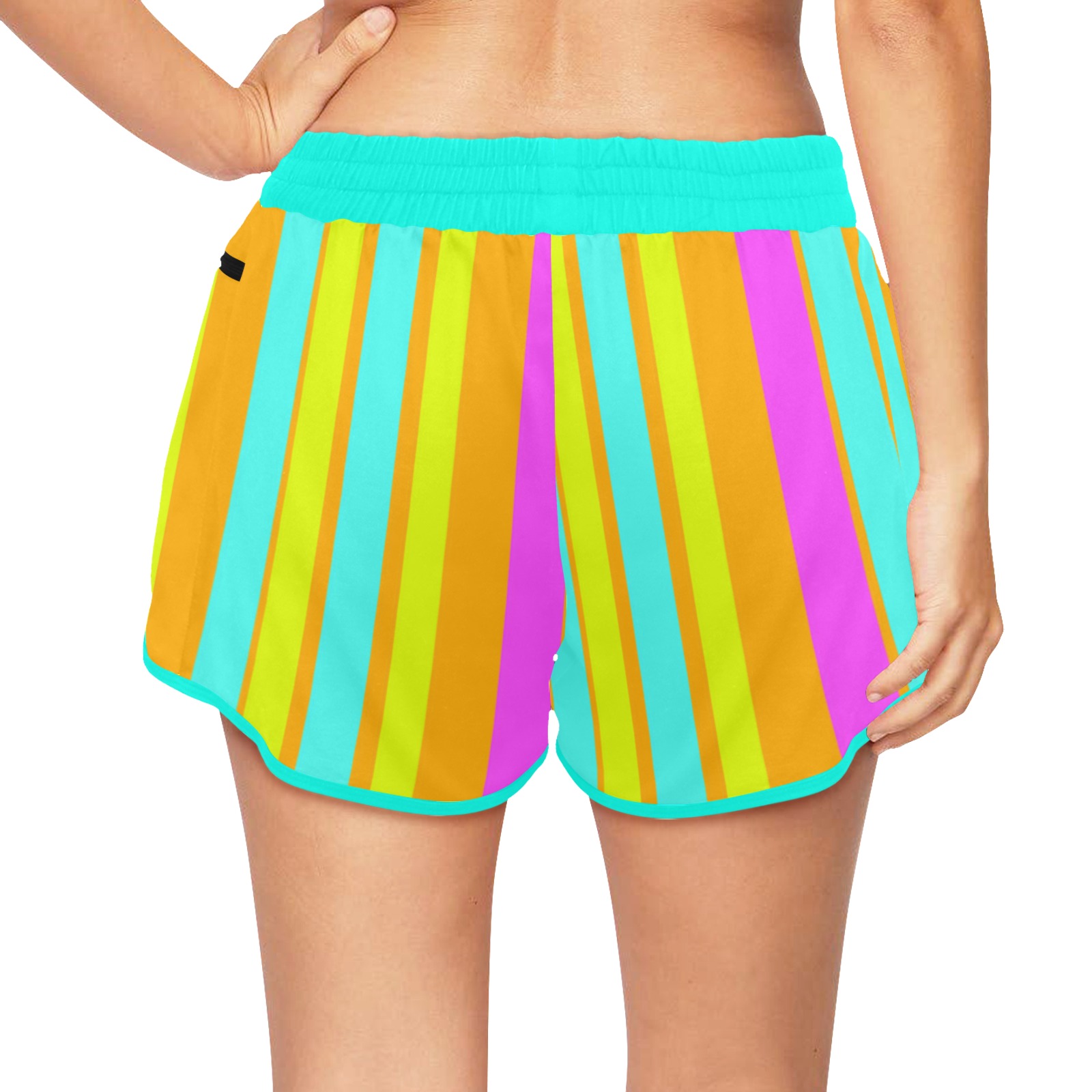 Neon Stripes Tangerine Turquoise Yellow Pink Women's Sports Shorts (Model L61)