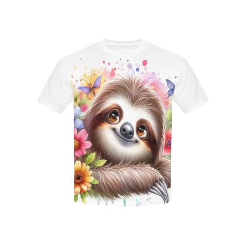 Watercolor Sloth 2 Kids' Mesh Cloth T-Shirt with Solid Color Neck (Model T40)