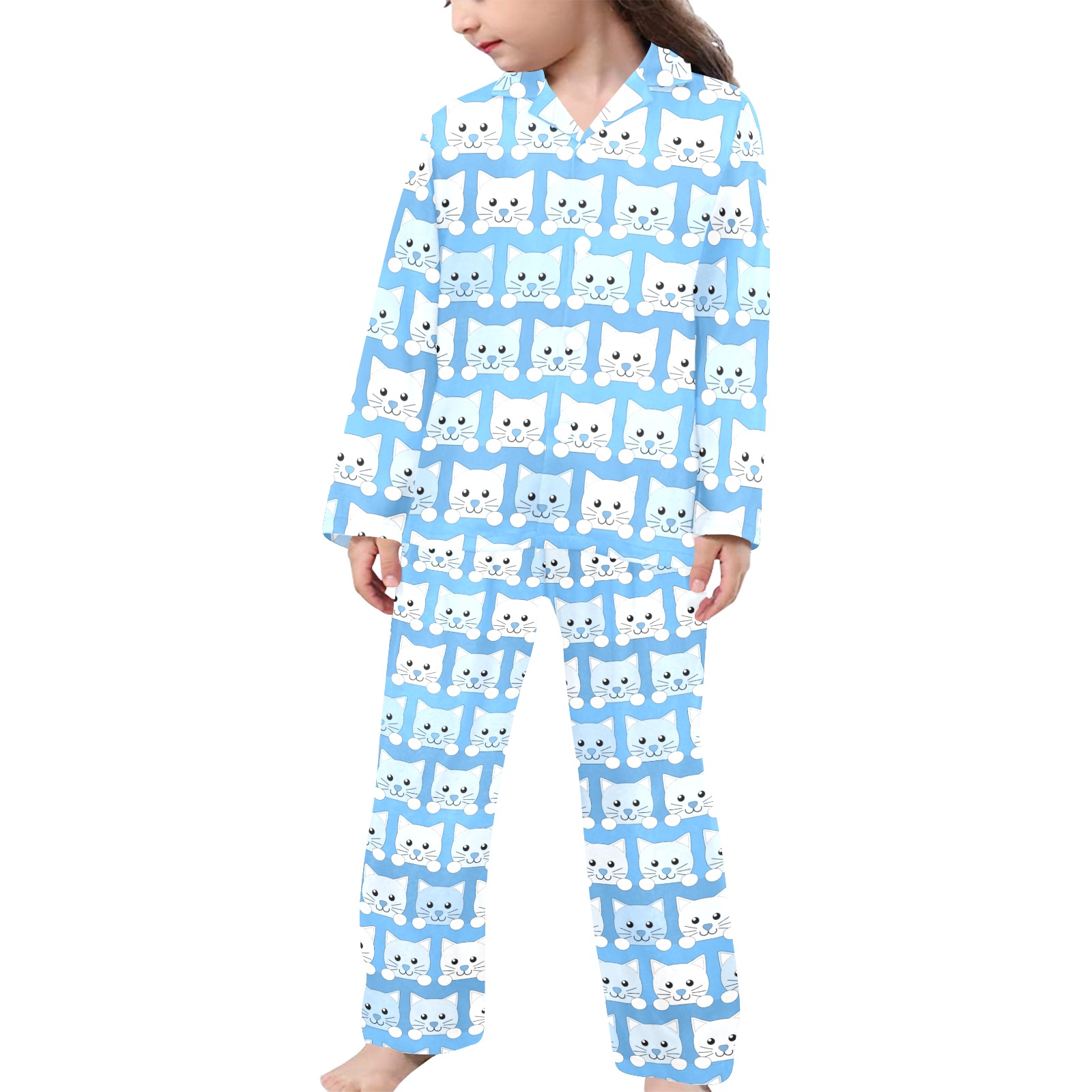 Kitten PJs Blue Little Girls' V-Neck Long Pajama Set