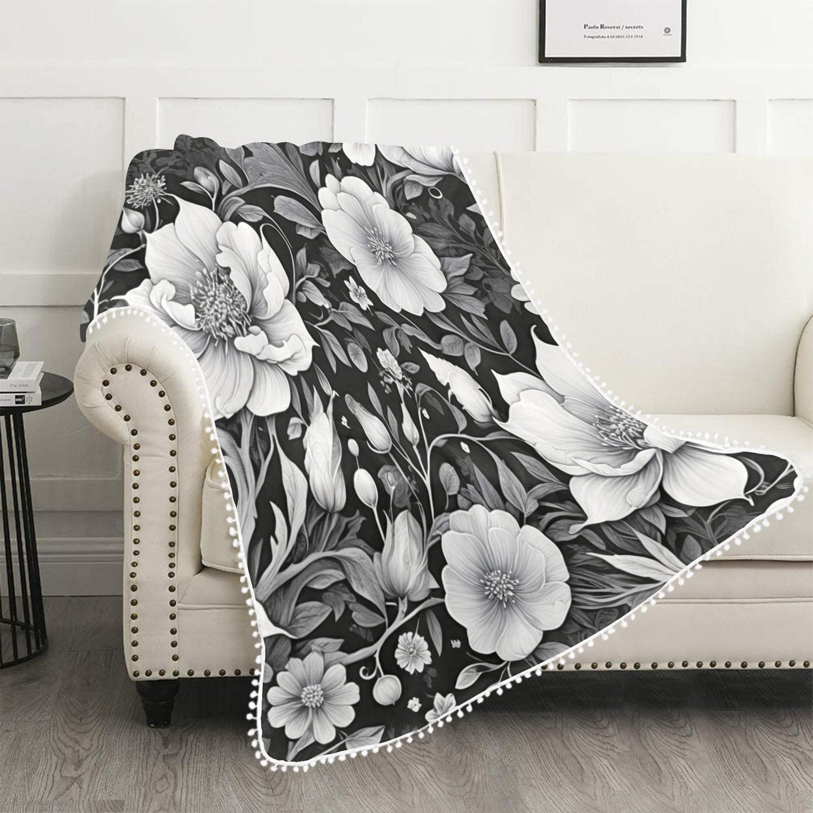 Fabulous Florals 39 Pom Pom Fringe Blanket 60"x80"