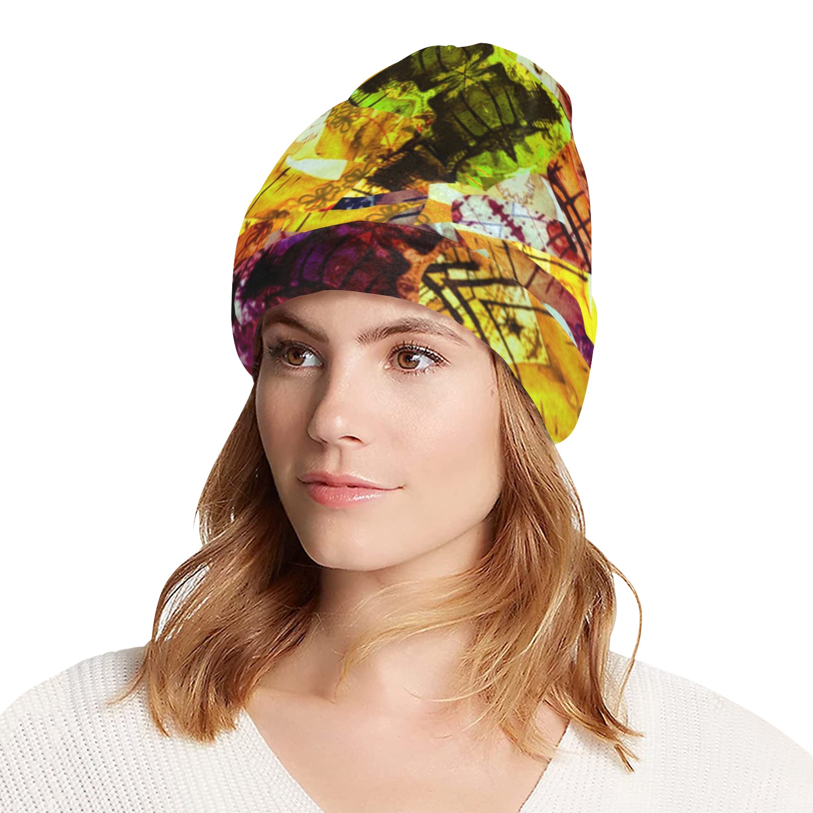 Graffiti Markings Yellow, Green, Burgundy All Over Print Beanie for Adults
