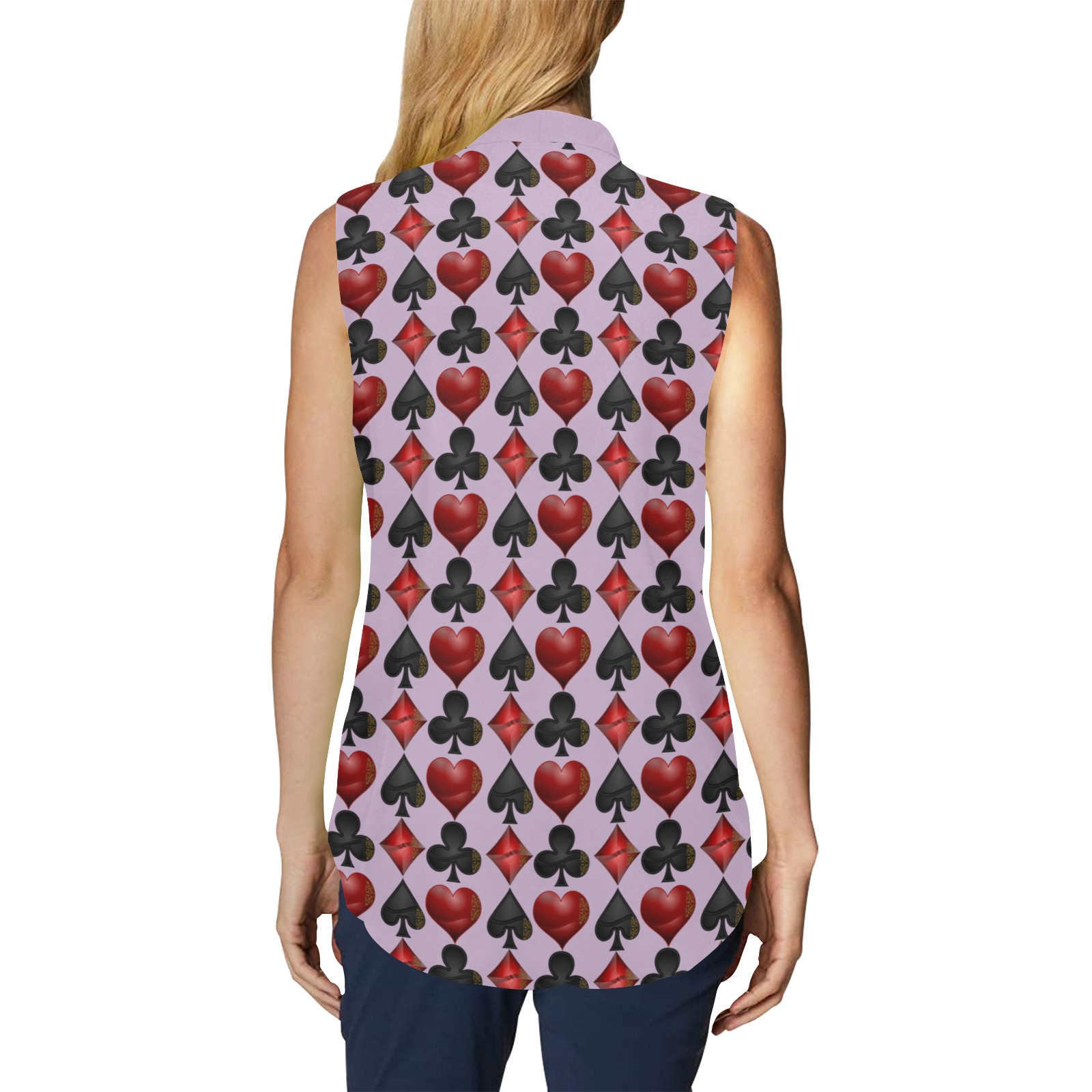 Black Red Playing Card Shapes - Purple Women's Bow Tie V-Neck Sleeveless Shirt (Model T69)