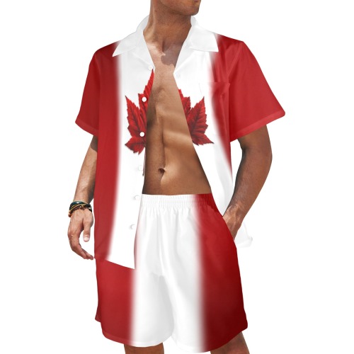 Canada Day Beach Set Men's Shirt and Shorts Outfit with Pocket (Set 26)