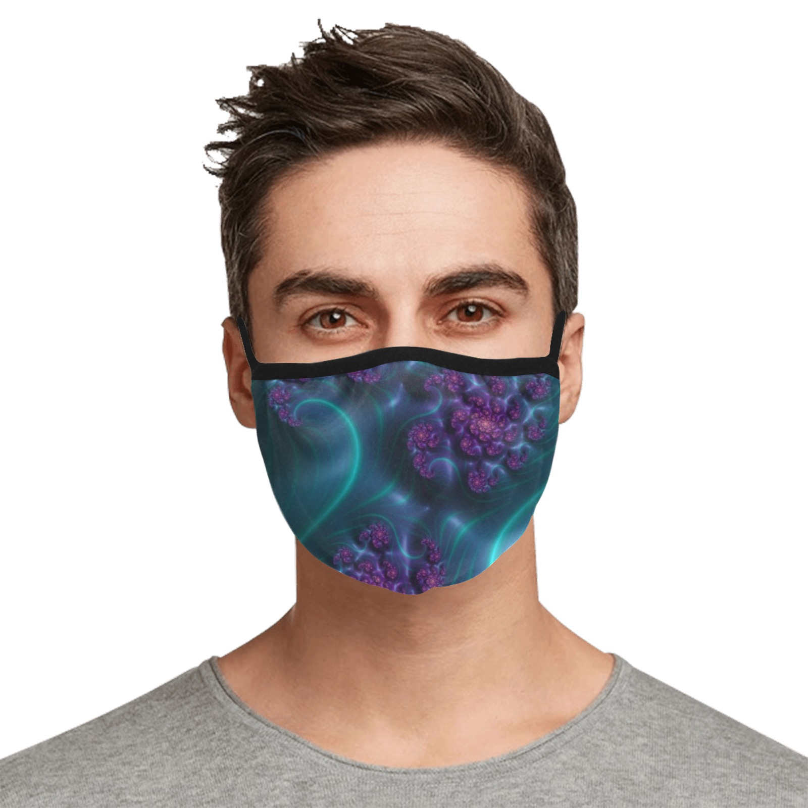 Turquoise and Purple Flowers and Seedheads Fractal Abstract Elastic Binding Mouth Mask for Adults (Model M09)