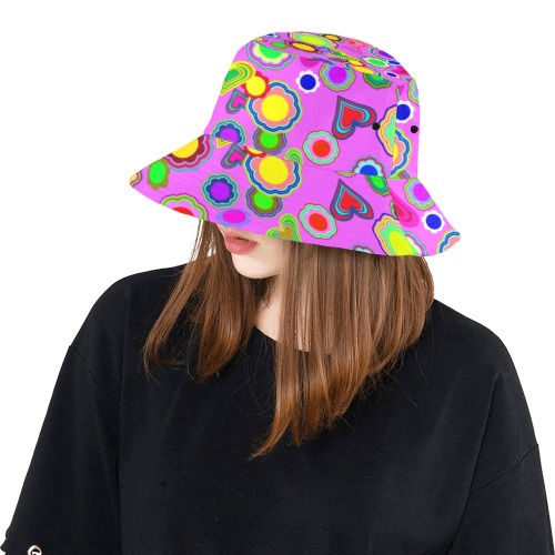 Groovy Hearts and Flowers Pink All Over Print Bucket Hat