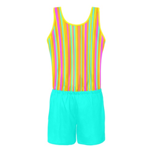 Neon Stripes  Tangerine Turquoise Yellow Pink All Over Print Vest Short Jumpsuit