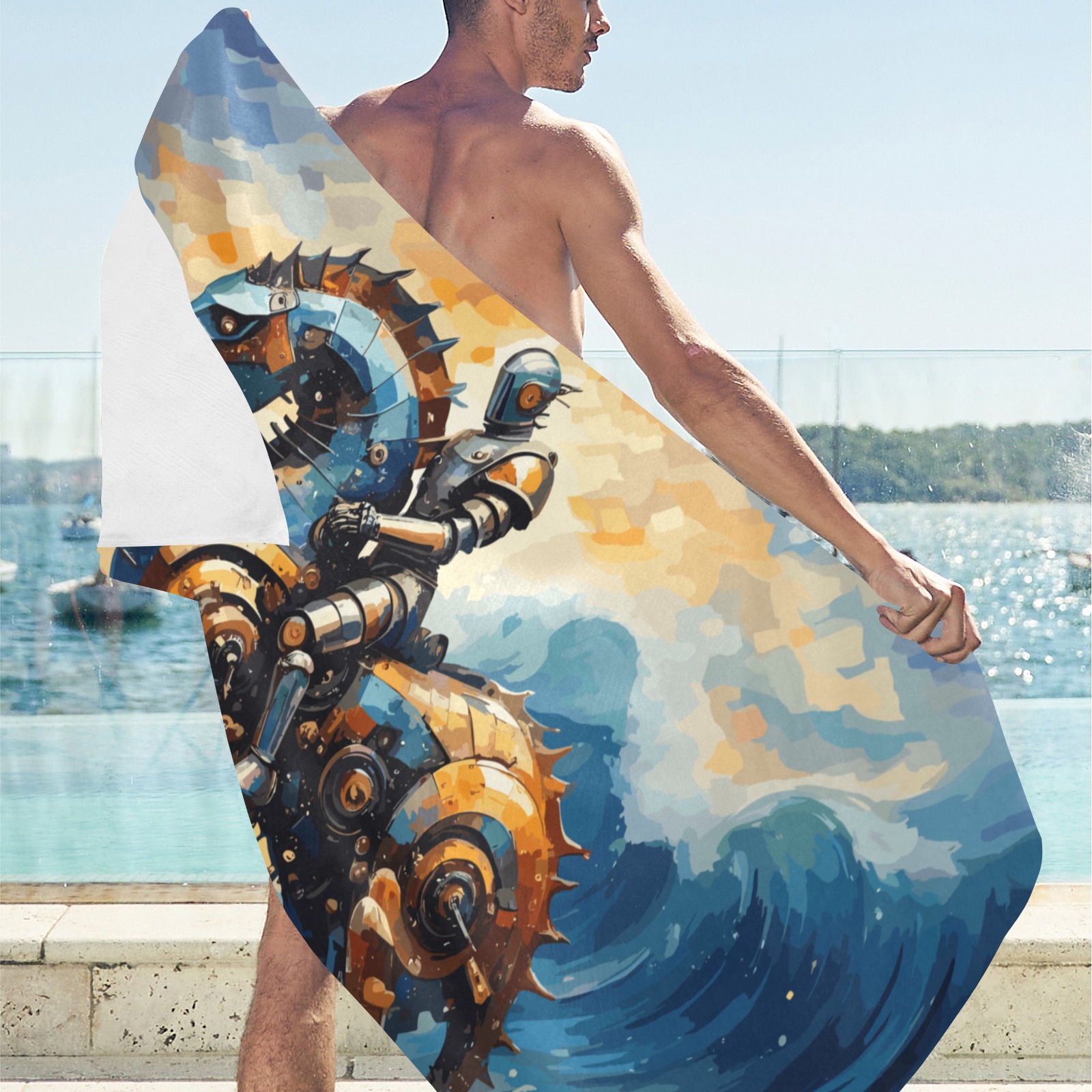 Futurist knight on a mechanical seahorse at sea. Beach Towel 32"x 71"