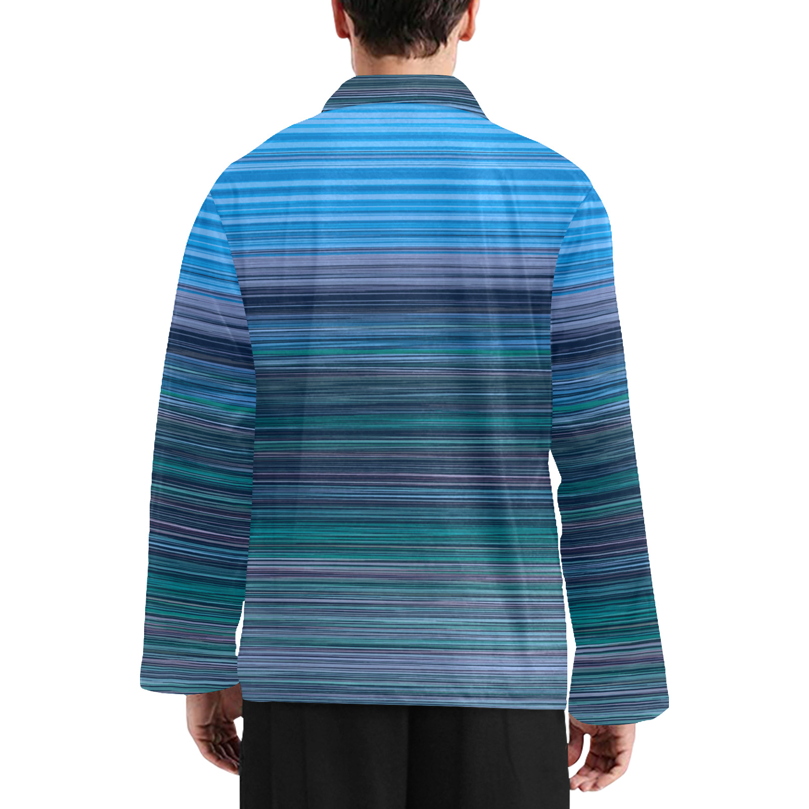 Abstract Blue Horizontal Stripes Men's V-Neck Long Pajama Top