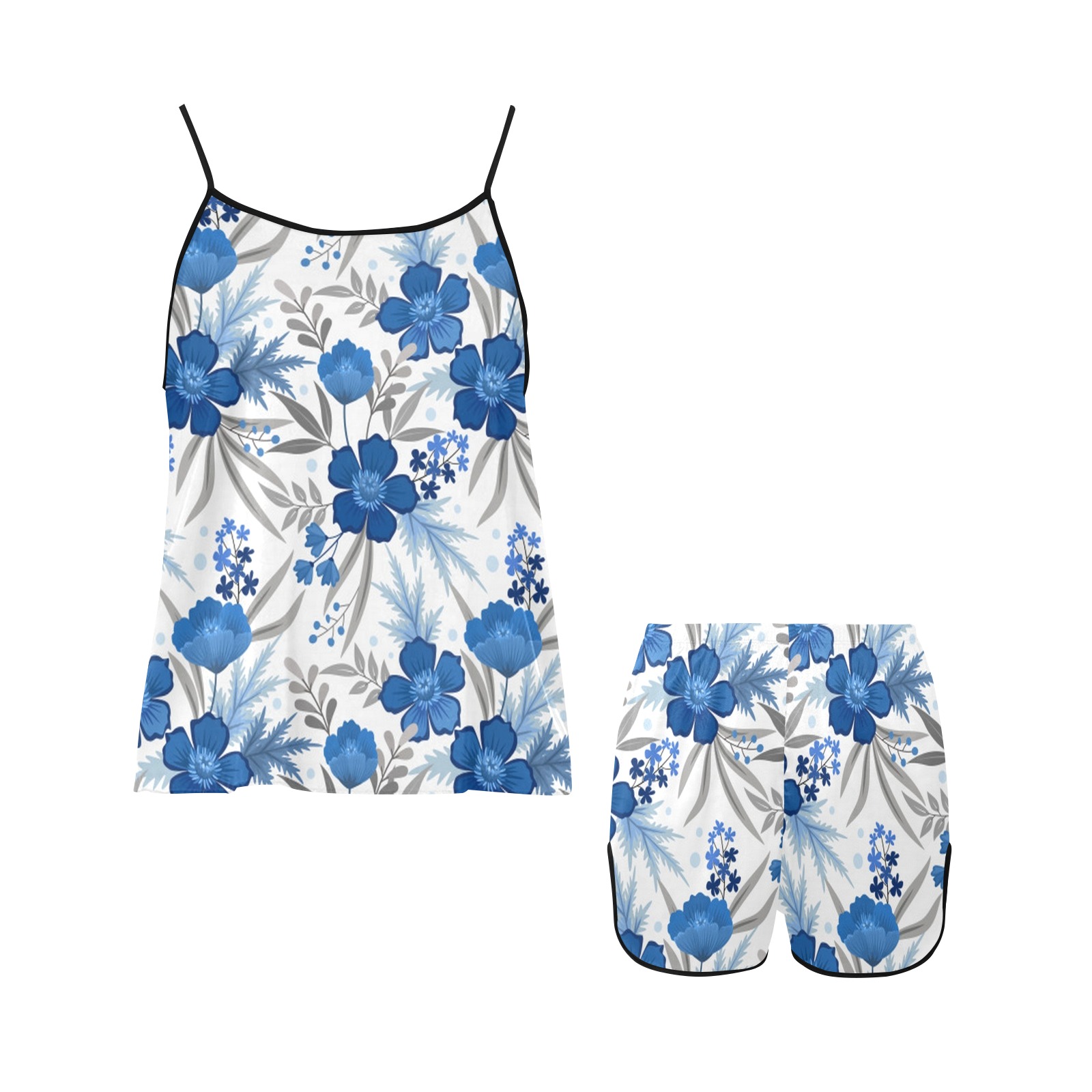 Pretty Blue Floral Women's Spaghetti Strap Short Pajama Set