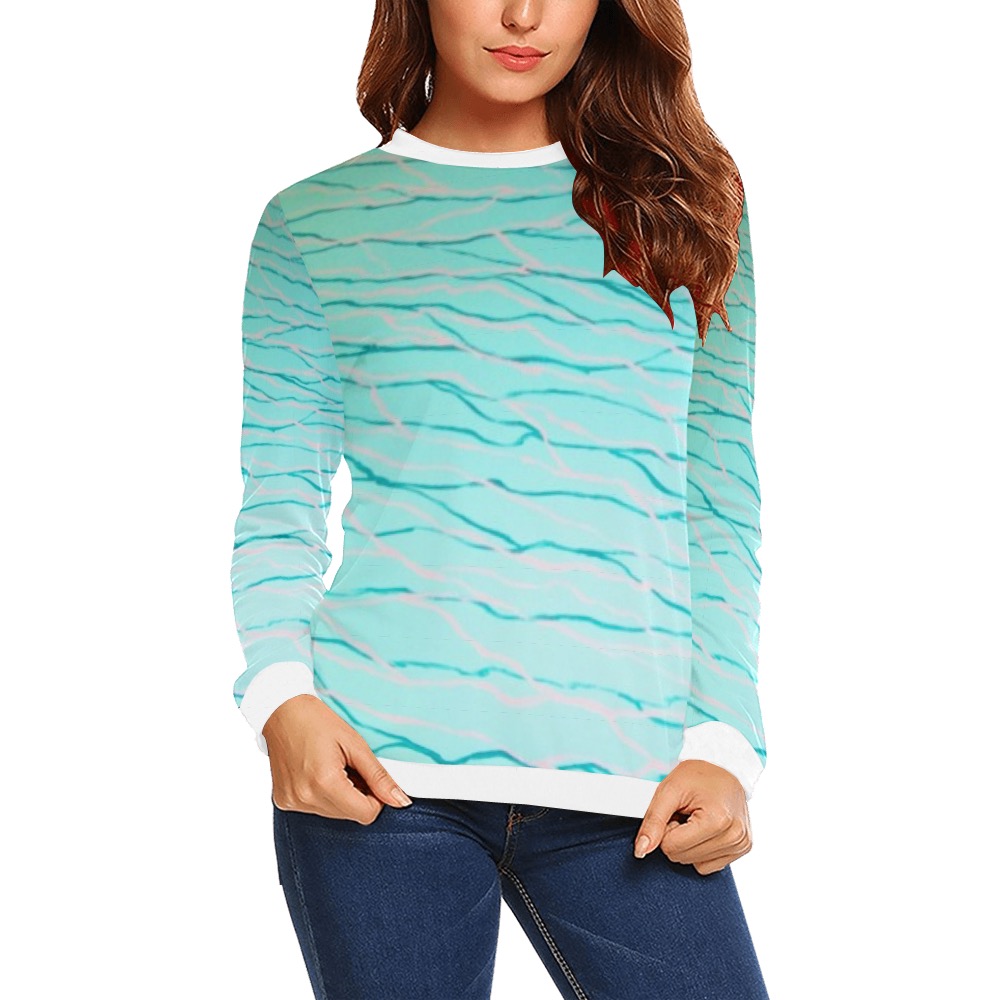 Aquamarine Blue-white collar and cuff All Over Print Crewneck Sweatshirt for Women (Model H18)