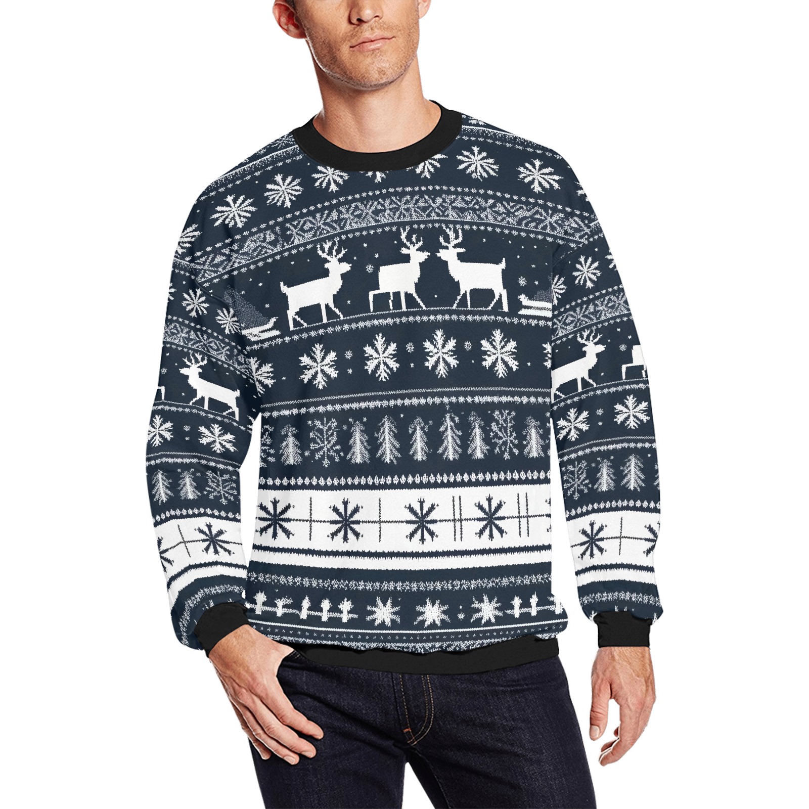 Cool deers, snowflakes, blue, white winter pattern Men's Oversized Fleece Crew Sweatshirt (Model H18)