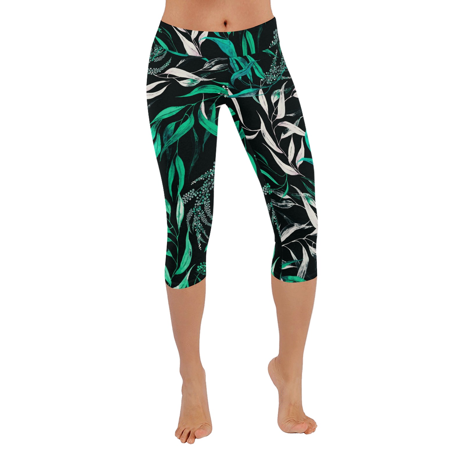 Greenish leaf paint 1 Women's Low Rise Capri Leggings (Invisible Stitch) (Model L08)