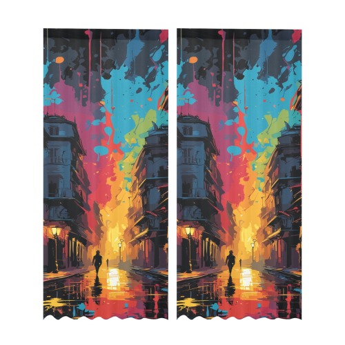 Night street of a dark fantasy city colorful art Gauze Curtain 28"x95" (Two-Piece)