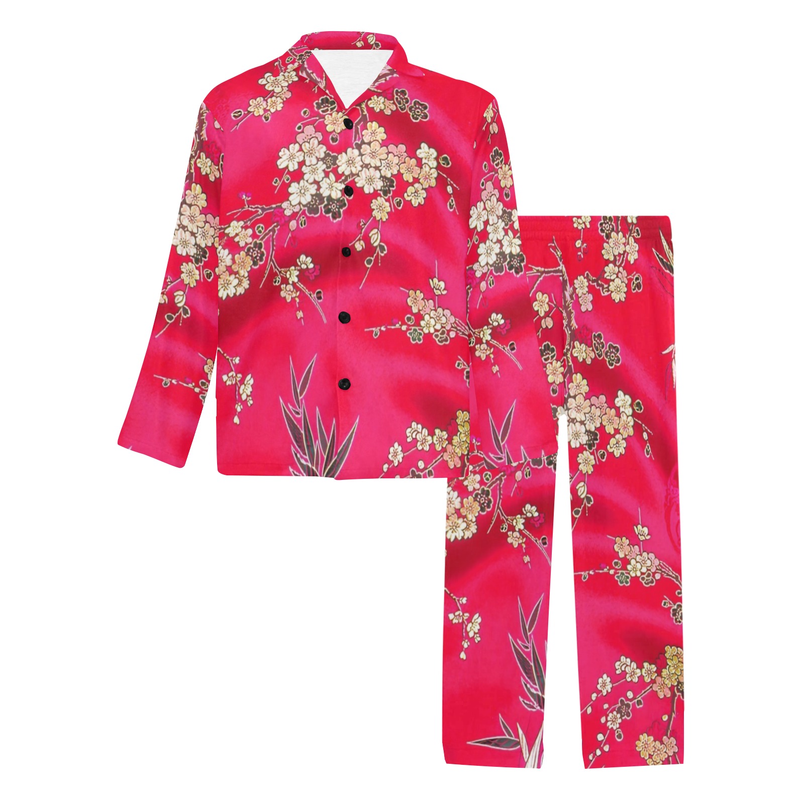 Red Silk Pajamas Men's V-Neck Long Pajama Set