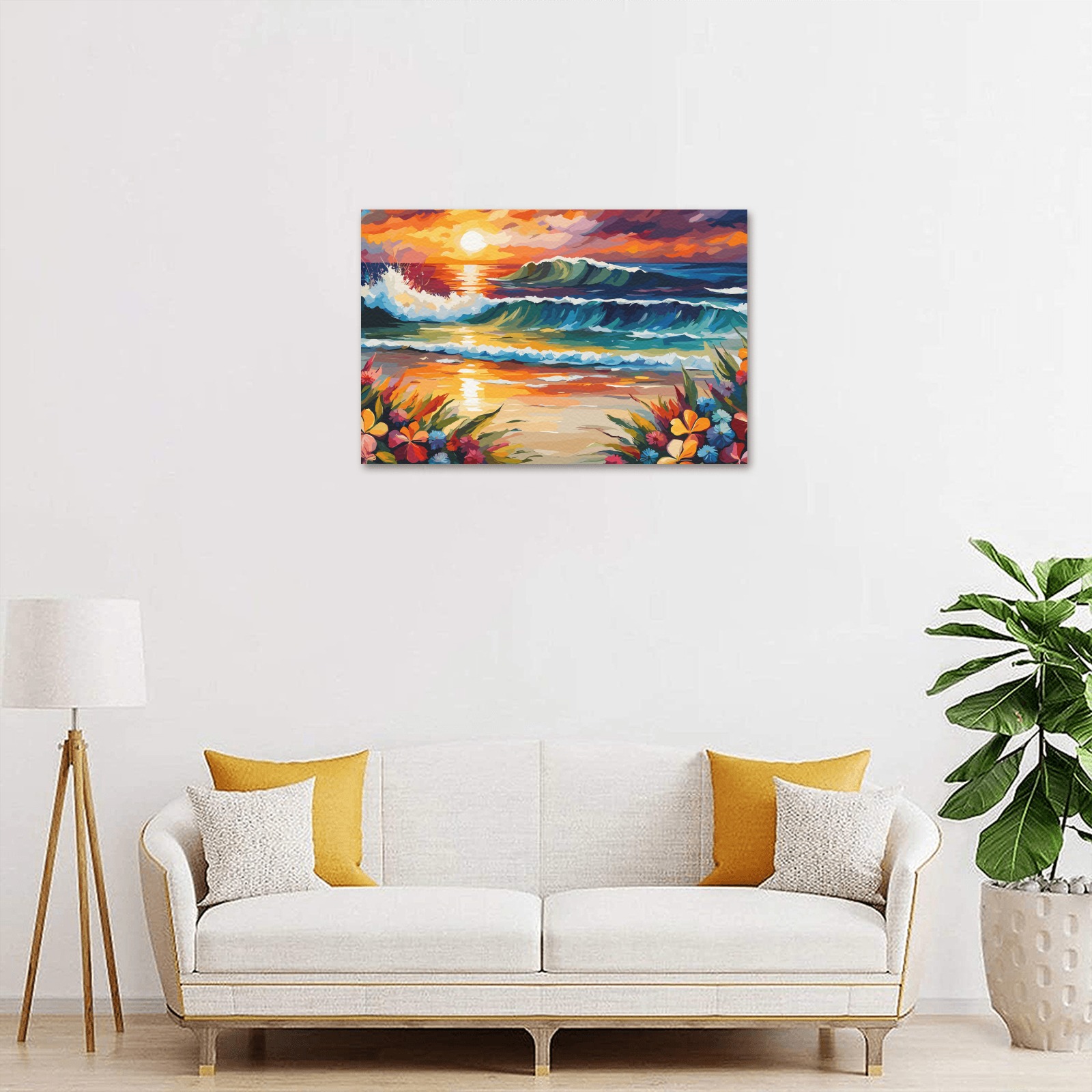 Ocean waves, beach sand, colorful flowers, sunset. Upgraded Canvas Print 18"x12"