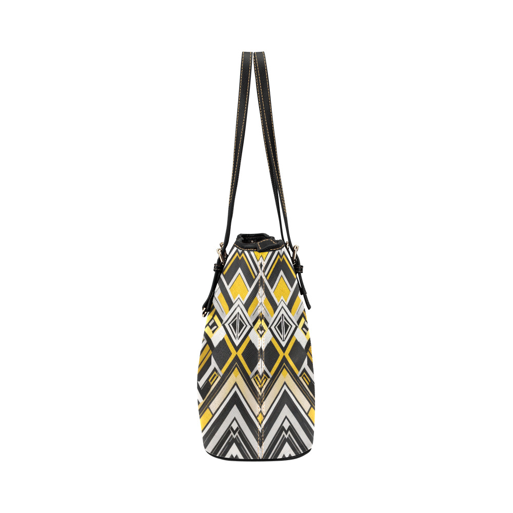 black white yellow pattern Leather Tote Bag/Large (Model 1651)