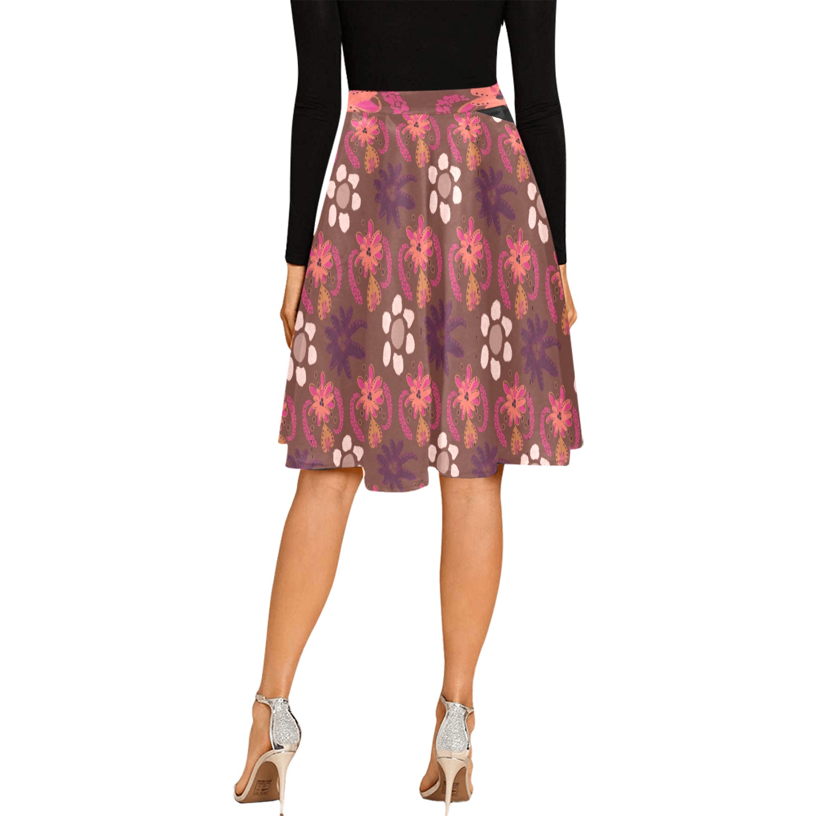 Retro floral Melete Pleated Midi Skirt (Model D15)