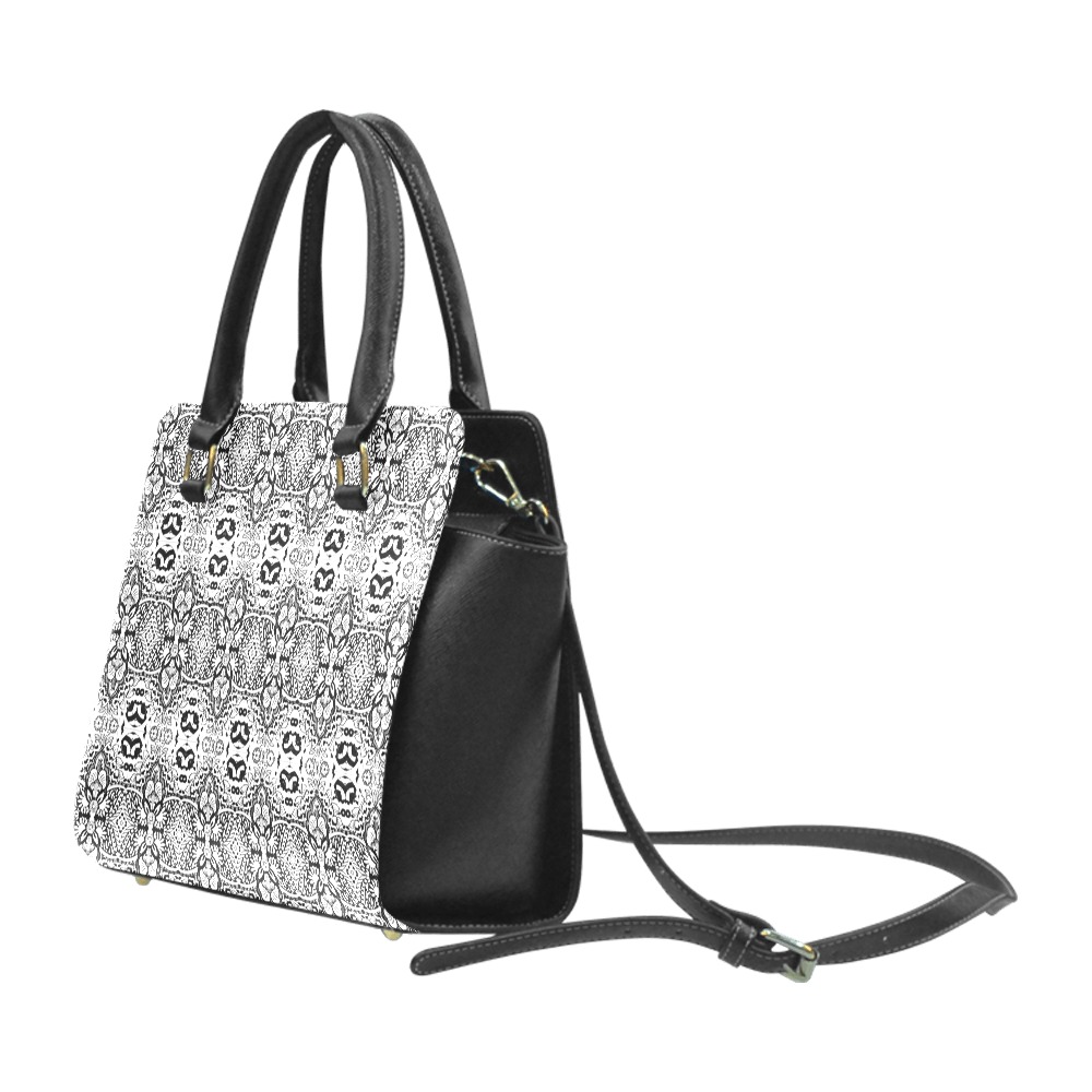 Black and White Lace Rivet Shoulder Handbag (Model 1645)