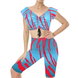 Metallic Tiger Stripes Blue Red Women's Crop Top Yoga Set