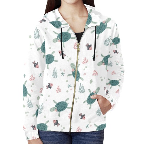 Sea Turtles and Fish All Over Print Full Zip Hoodie for Women (Model H14)