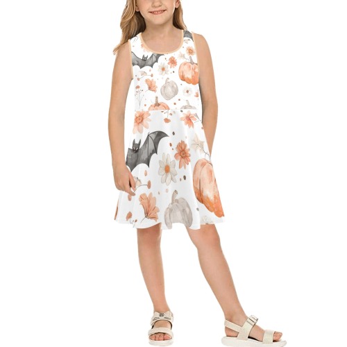 Pumpkin Themed Halloween Pastel Dress Girls' Sleeveless Sundress (Model D56)