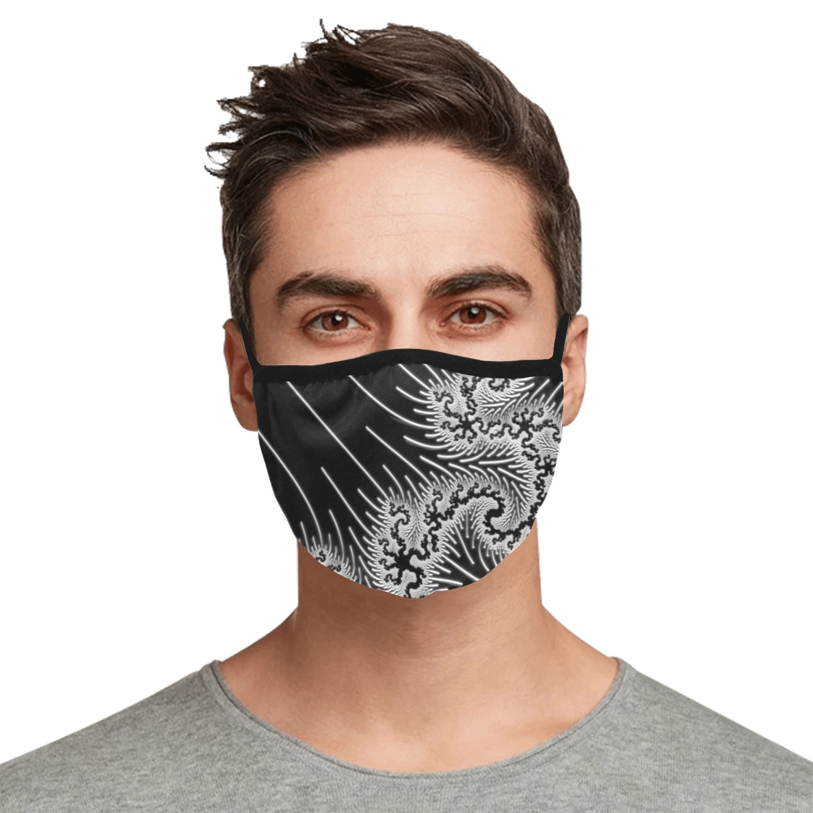 White and Silver Lace on Black Fractal Abstract Elastic Binding Mouth Mask for Adults (Model M09)