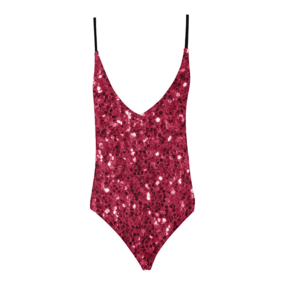 Magenta dark pink red faux sparkles glitter Sexy Lacing Backless One-Piece Swimsuit (Model S10)