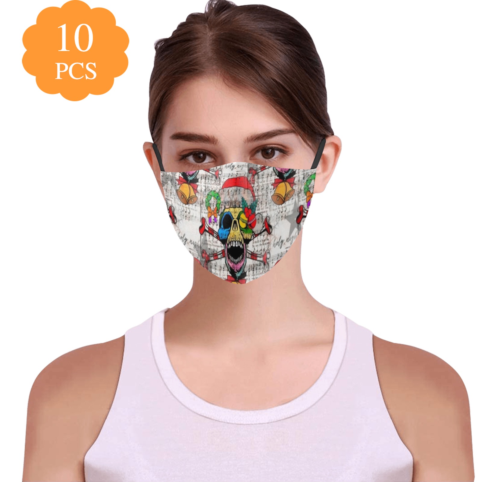 Christmas Skull Pop Art by Nico Bielow 3D Mouth Mask with Drawstring (Pack of 10 & 20 Filters Included) (Model M04)