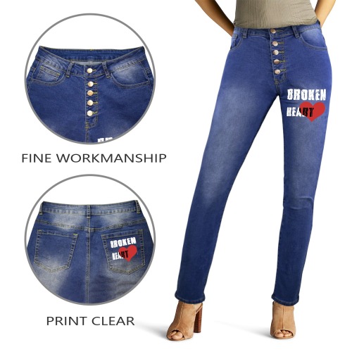 Broken heart decorative text and red heart image. Women's Jeans (Front&Back Printing)